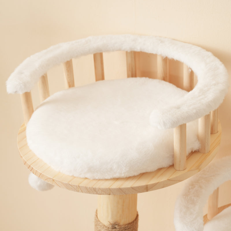 Designer Katzenklettergerüst aus Massivholz - 98 cm hoch, 3-stufiges Sprungbrett, abnehmbare Kissen und Spielbälle, Wolkenoptik-Imitation - Natürlich, umweltfreundlich, nachhaltige Nutzung, Katzenklet