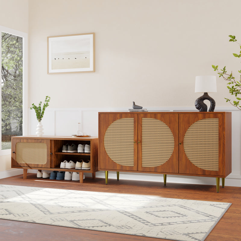 Sideboard mit 2 Rattan verzierten Türen und 2 Schubladen Kommode Küchenschrank, Mehrzweckschrank, Highboard mit Metallgriffe, für Schlafzimmer & Wohnräume & Büro
