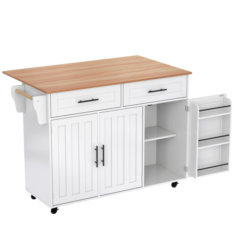 129x46(71)x91,5 cm großer Speisewagen/Sideboard, Arbeitsplatte mit Massivholzmaserung + Weiß Schrank/faltbare Arbeitsplatte/Aufbewahrungstür-Design/Räder/Massivholzfüße umschaltbar/für Zuhause geeig