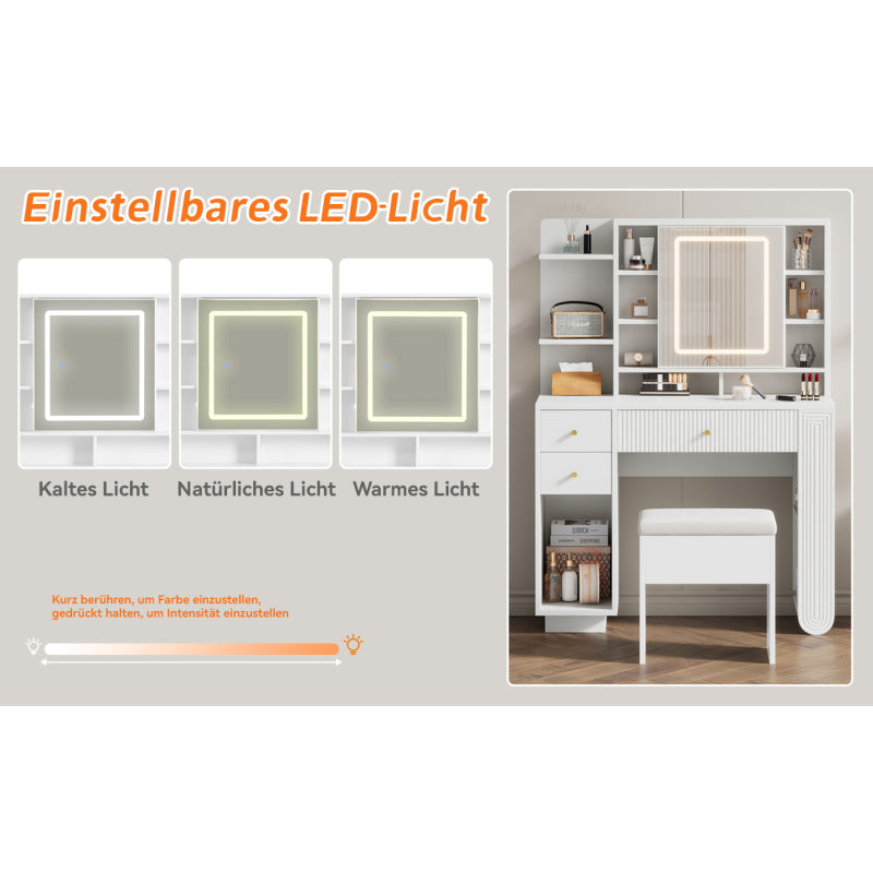 Beleuchteter Schminktisch mit Spiegel & Hocker – Moderner Frisiertisch mit Einstellbarer Helligkeit, Schubladen & Offener Ablage, Weiß, 100×40×138 cm