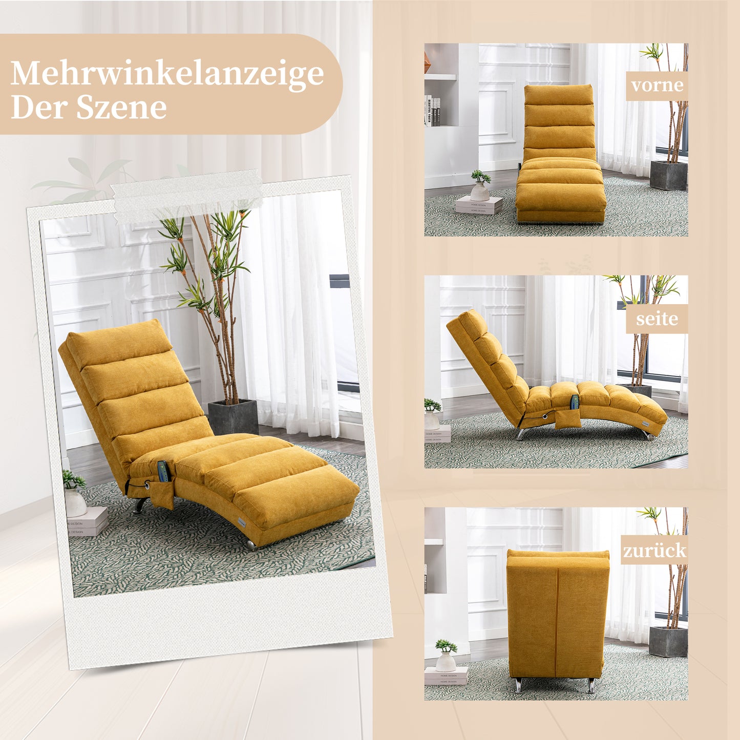 Sackleinen Massage Chaise Lounge Indoor mit Fernbedienung, Ergonomische elektrische Massage Long Lounger mit 5 Modi für Büro, Wohnzimmer, Schlafzimmer (Senfgelb)