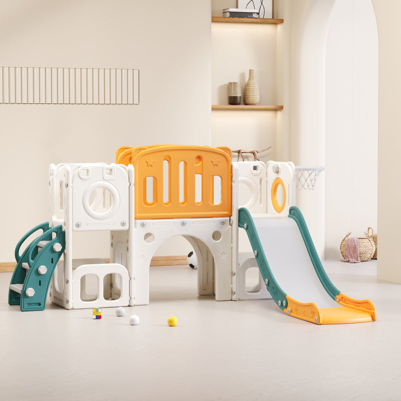 Bären Kinder 6-in-1 Rutsche mit einer Rutsche, zwei Plattformen, zwei Bodenschrankfächern, Basketballkorb und Treppe - Hochdichtes Polyethylen (Ozeanbälle nicht enthalten