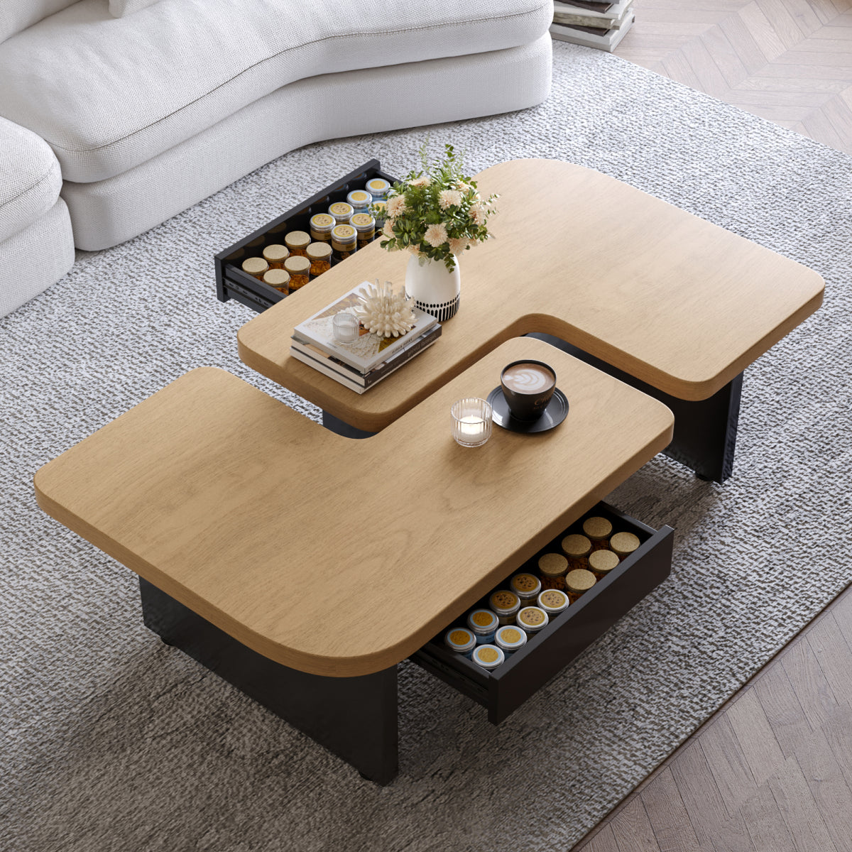 Couchtisch mit LED-Beleuchtung, Wohnzimmertisch mit Schublade und Stauraum, Holzoptik & Metall