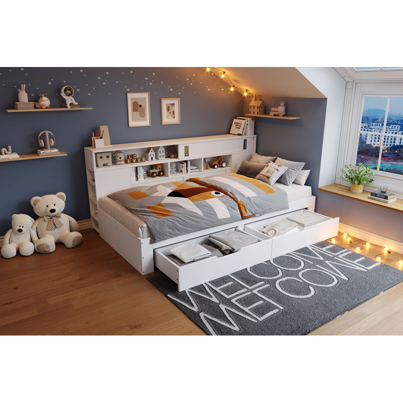 Daybed,Kinderbett,90*200cm,Einzelbett,Multifunktionales Kinderbett mit Schubladen,Bücherregal und Stauschrank,Bettkasten mit Stauraum,ohne Matratze,weiß