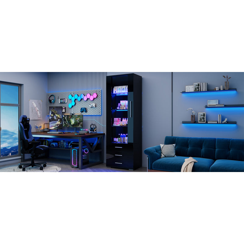 Schwarz Hochglanz Vitrine, Vitrine Glasvitrine , Standvitrine mit LED-Beleuchtung, Vertikale Vitrine mit 3 Schubladen, 60*35*180cm