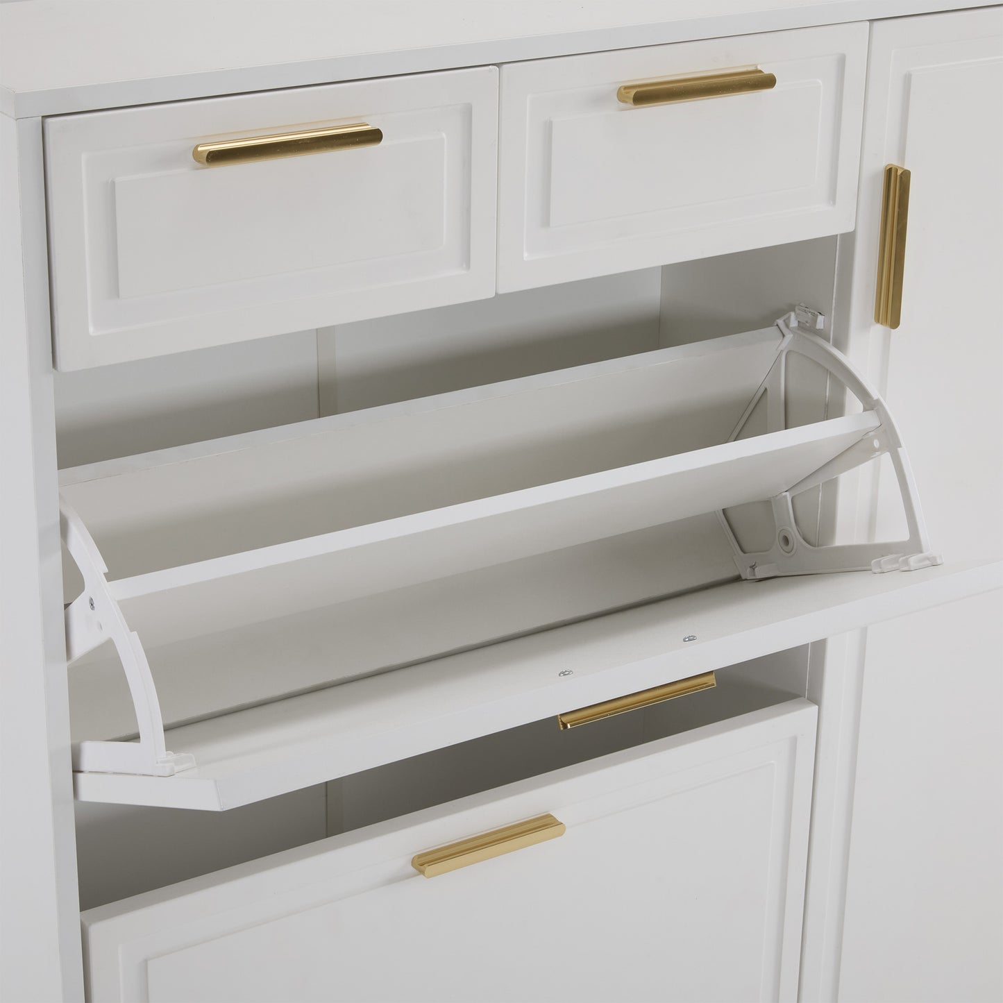 Moderne Schuhschrank, mit verstellbaren Regalen, goldenen Griffen, 2 Schubladen, Klappschuhschrank und 2 Türen, weiß