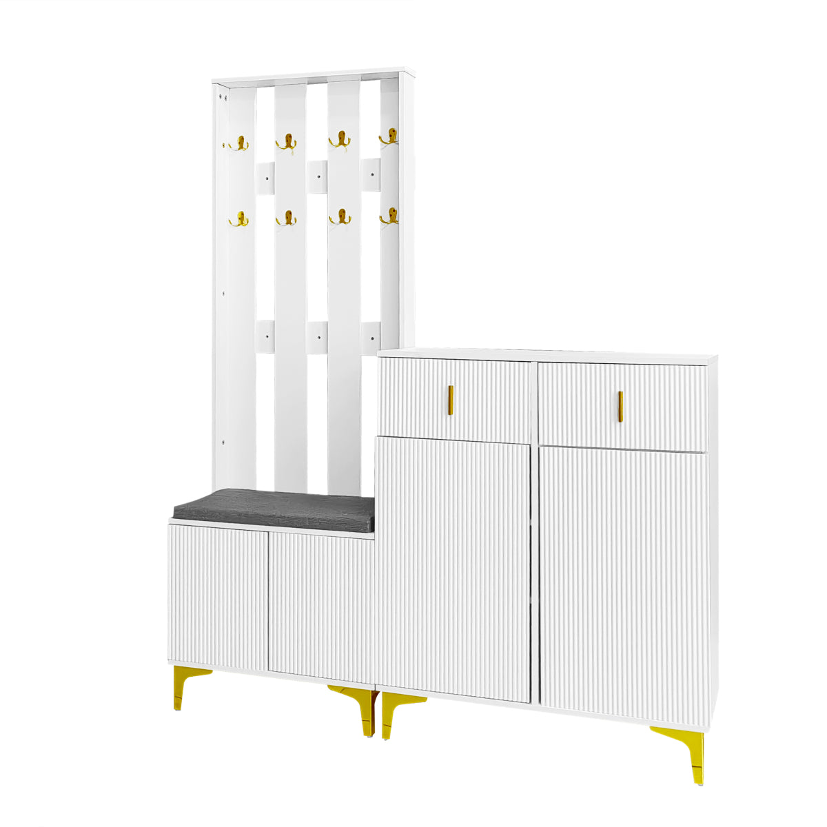 Garderoben-Set mit Schuhschrank & Sitzbank, Wellenfront, Push-to-Open, goldene Details, Weiß