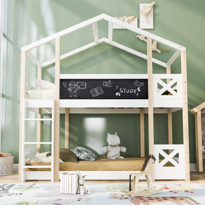 Kinderbett Baumhaus mit Rutsche & Leiter 90 x 200 cm, Hochbett für Kinder– 2x Lattenrost- Natur & Weiß