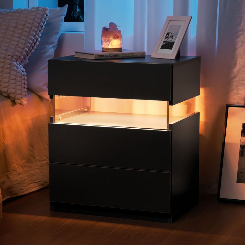 LED Nightstands 3 Drawer Dresser for Bedroom End Table with Acrylic Board LED Bedside Tables for Bedroom Living Room Bedside Furniture (Black)