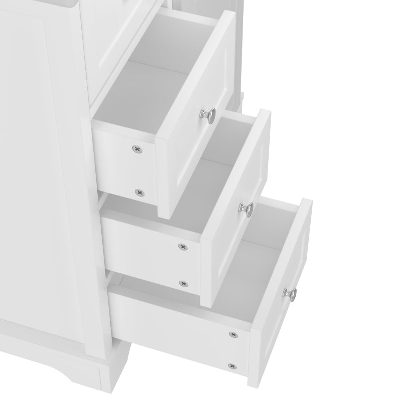 76x46x87cm Bodenstehender Badezimmerschrank mit Waschbeck, Waschtisch,Sprühlackierverfahren,Drei Soft-Close-Schubladen,Türregale,ausklappbare Schublade,integriertes Keramikwaschbecken,Weiß