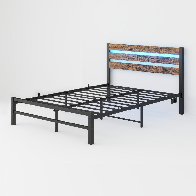 120x200cm Bettrahmen mit Kopfplatte, Metallbettrahmen mit USB-Ladestation, LED-Bettrahmen, Starke Stahlschicht-Unterstützung, Unter Bettlagerung, Keine Boxfeder erforderlich, Lärmfrei, Einfache Montag