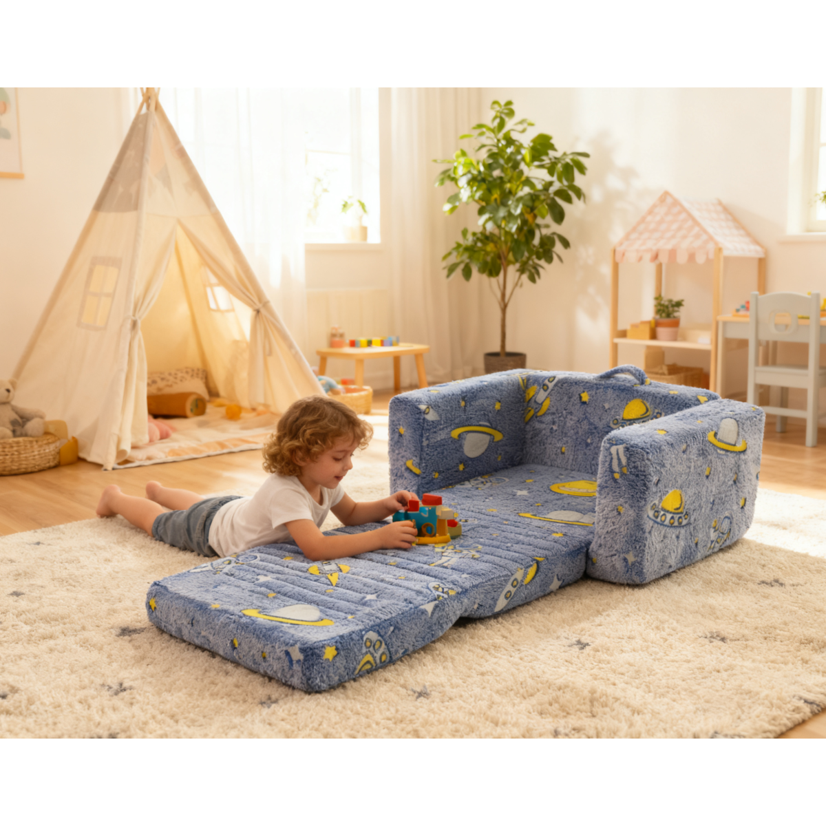 Kindersofa 3in1 mit leuchtendem Cartoon-Muster, Armlehne, waschbar, leicht, Grau