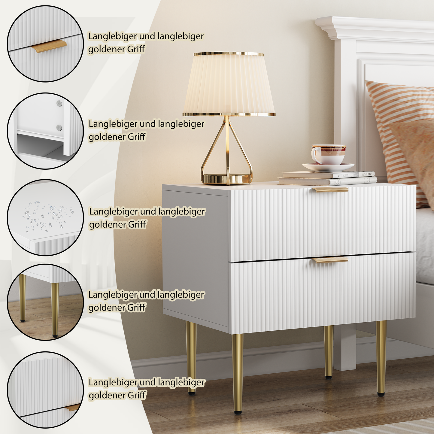 Weißer Nachttisch mit Wellenmuster und 2 Schubladen, Schlafzimmer-Nachttisch, moderner Nachttisch mit Metallbeinen, 1 Stück