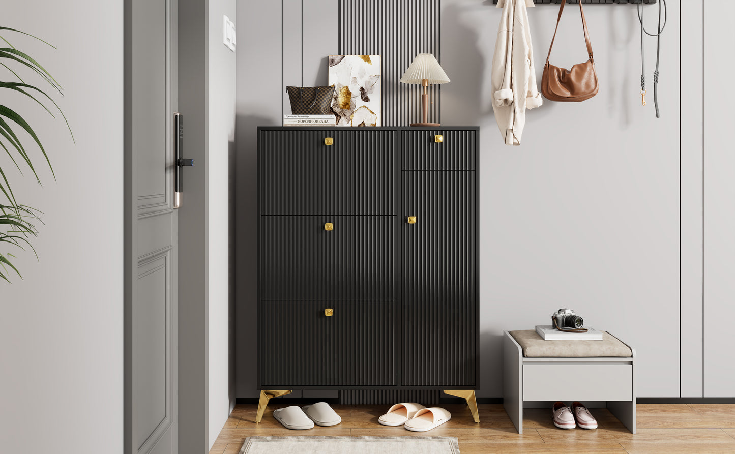 Schuhschrank mit 3 Klappen, 1 Schublade und 1 Tür, Schuhregal, Schuhkipper schmal, Schuhschrank Schwarz