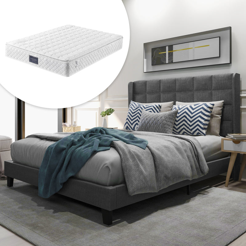 Polsterbett Mit seinem gepolstertes Kopfteil Einzelbett mit Lattenrost, 90x200cm ,in Blau Leinen, mittelfest (Mit Federkernmatratze)