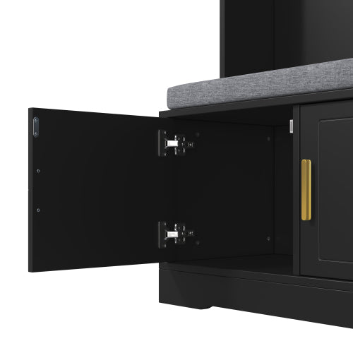 Garderobenständer mit Schuhbank, Garderobe, 6 Dreifach-Haken,freistehend, platzsparend, für Eingangsbereich,Flur, Schwarz