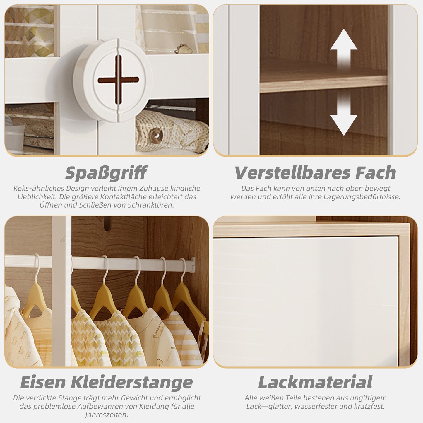 Kinder Kleiderschrank, zweitüriger Glastür-Schrank mit Kleiderstange und verschiebbaren Regalen, Keks-Form-Holzgriffen, weiß+natürliches Holz