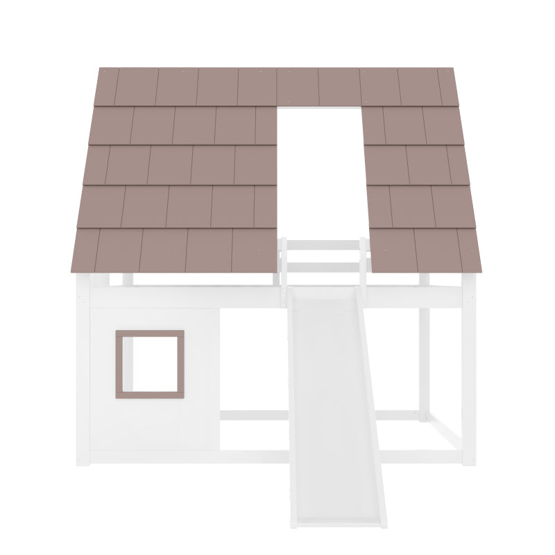 140 x 200 Holzhaus-Etagenbett mit Dach, Leiter und Rutsche, Weiß+Braun