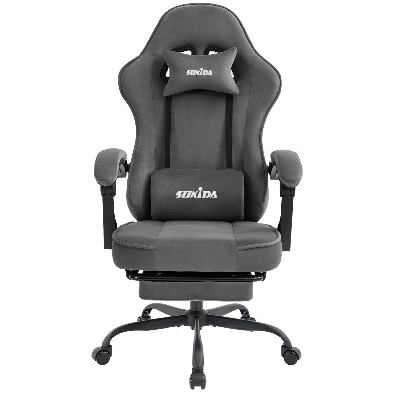Gaming Stuhl Stoff, Ergonomischer Gaming Chair mit Fußstütze, Verstellbarer Racing Computerstuhl mit Lordosenstütze, Schwarz Ergonomisch PC-Stuhl