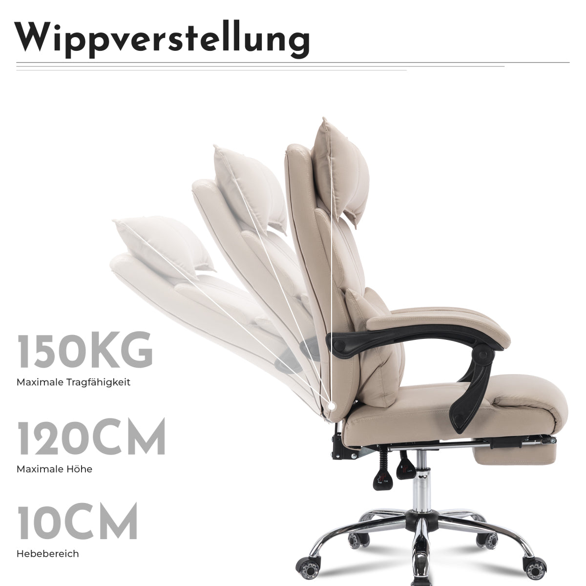 Chefsessel Beige PU-Leder, Ergonomisch, Höhenverstellbar, Doppel-Lordosenstütze