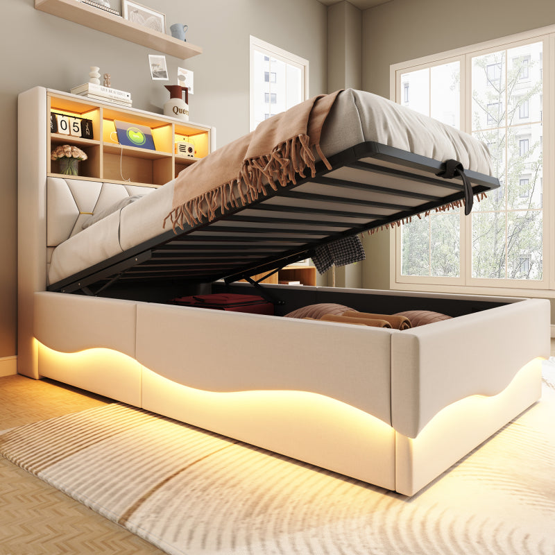 Kinderbett 90×200 cm mit hydraulischem Stauraum APP-gesteuertes LED-Lichtband USB-Ladeanschluss Metall-Lattenrost Leinenpolsterung Beige