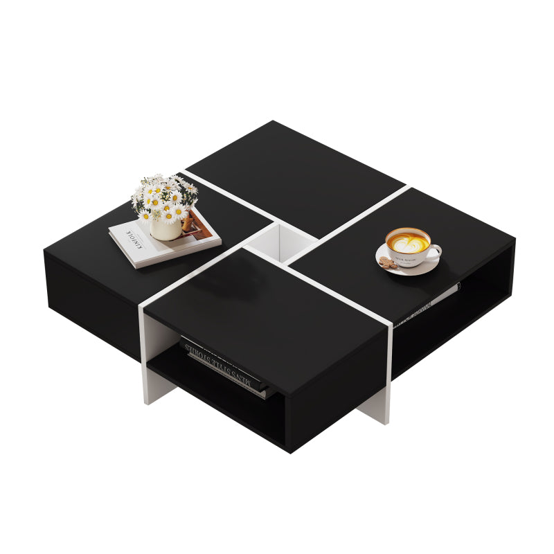 Moderner quadratischer Couchtisch 70x70x35cm - Schwarz-weißes Design, 5 offene Fächer, mittleres Ablagefach 10x10cm, Belastbarkeit 30KG, schwarzer quadratischer Couchtisch