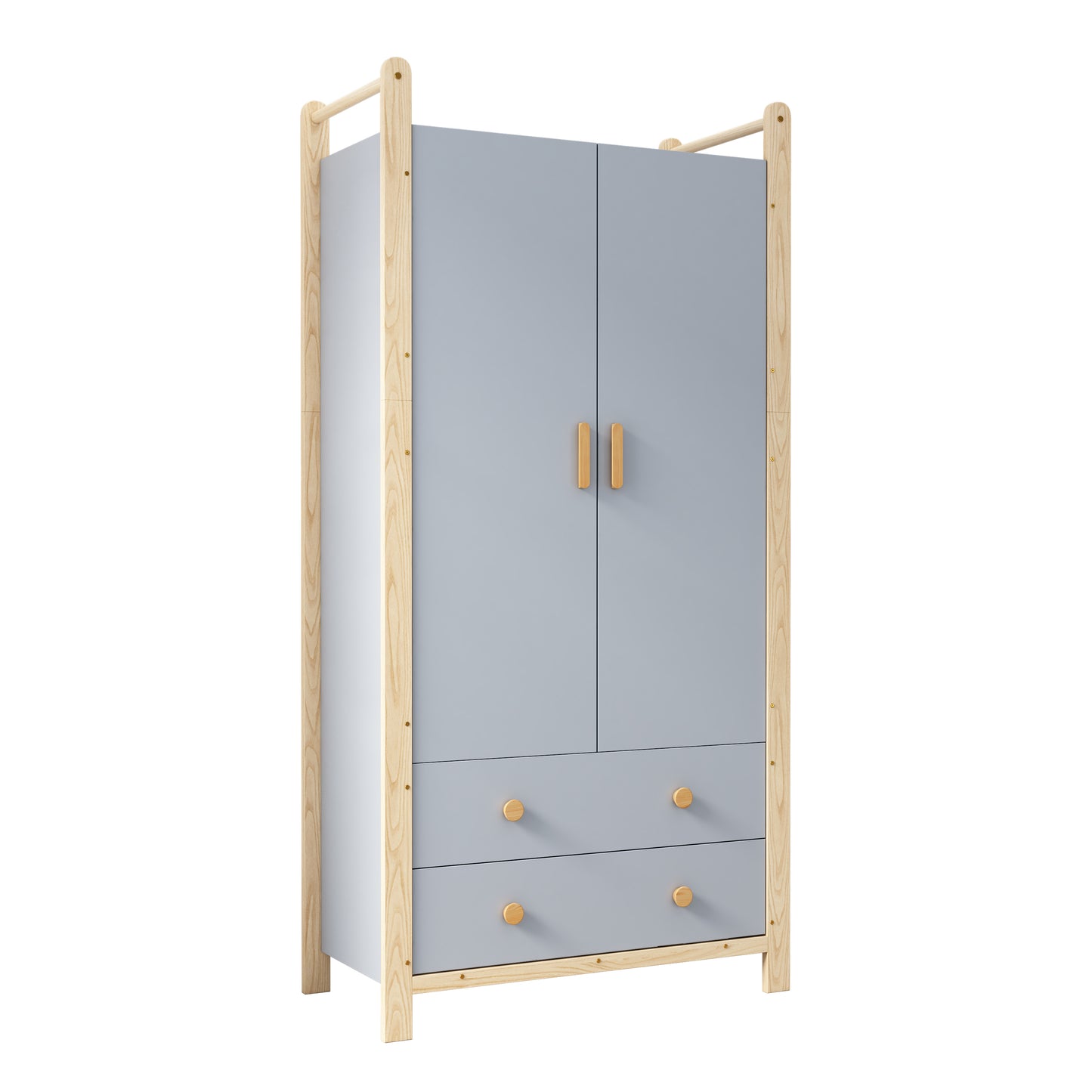 2-türiger Kleiderschrank, Kleiderschrank mit Kleiderstange, für Schlafzimmer, Wohnzimmer, Flurgarderobe geeignet, blauer Körper + Kieferrahmen