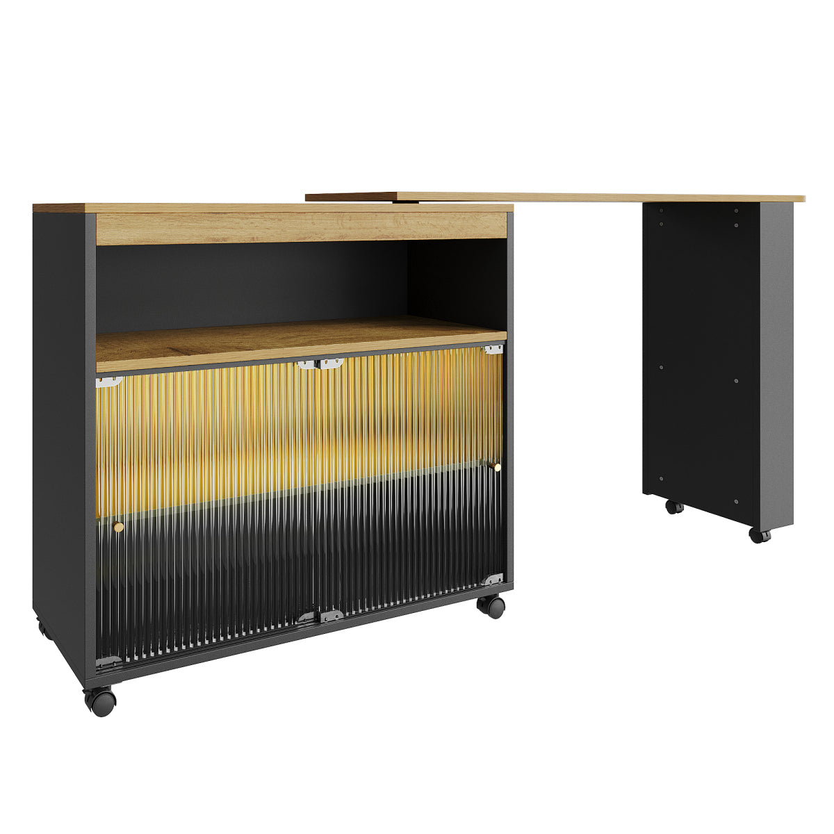 Produkttitel: Bartisch ausziehbar 138-204cm, fahrbarer Stehtisch mit LED & Changhong-Glas, Küchentisch mit Rollen & Stauraum, Bistro Table, Schwarz