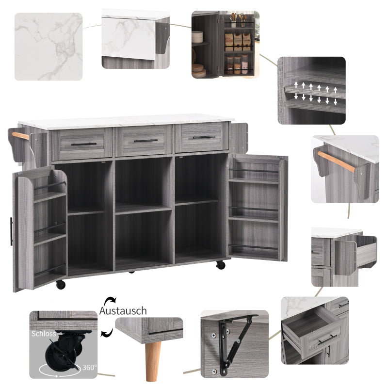 139x46(71)x91.5 cm großer Servierwagen/Beistellschrank, graues Massivholz-Furnier für den Korpus + weiße Marmor-Furnierdekoration für die Arbeitsplatte, Schrank/klappbare Arbeitsfläche/Stauraumtüren/r