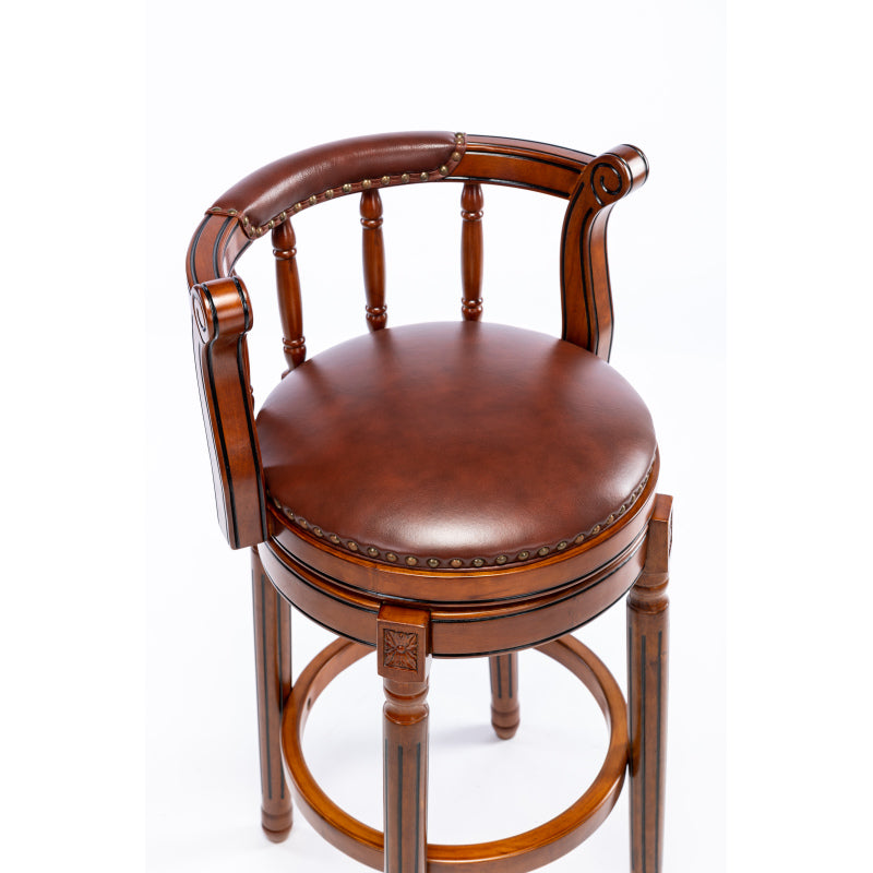 Barhocker aus Holz mit Kuhfell-Obermaterial, 360-Grad-Drehstuhl mit Rückenlehne, Brau + Sitzhöhe 75cm