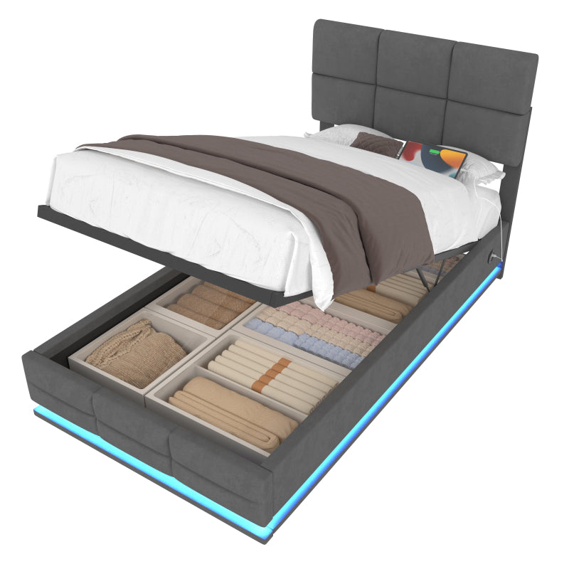 90x200 cm Modernes Velours-Polsterbett mit höhenverstellbarem Kopfteil - Inkl. USB/Type-C-Anschlüssen, LED-Ambientebeleuchtung, hydraulischem Lift-System & XXL-Stauraum (ohne Matratze) - Gray