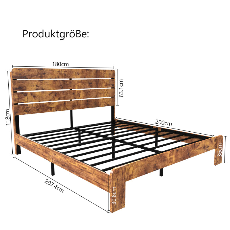 Holz Doppelbett, antikes Holz Bettgestell mit Eisen Lattenrost und hohem Kopfteil, mit Eisenrohrrahmen 180 x 200 cm