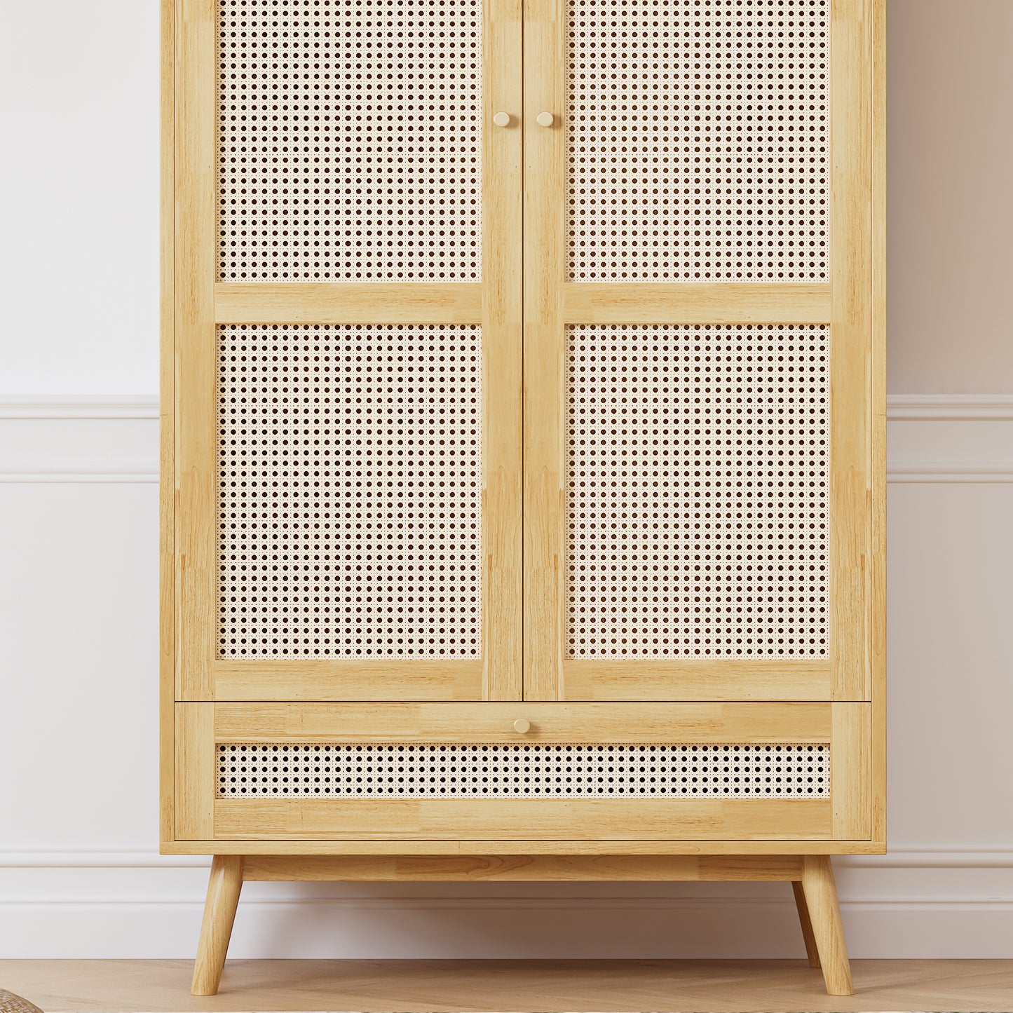 Kleiderschrank mit Stange, 2-türiger Kleiderschrank, Schlafzimmer, Rattannetz, Wohnzimmer, mit unterem Flip-Top-Deckel, Spanplatten+PE-Rattan, Natur