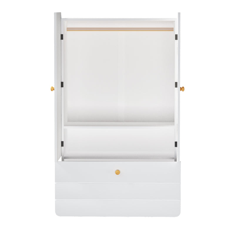 Geräumiger Kleiderschrank mit minimalistischen Linien und zarten holzfarbenen Füßen mit Staufächern, Schubladen und Kleiderbügeln, Farbblock-Design, Weiß