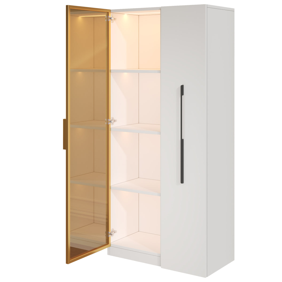 Vitrine 70x40x160cm mit LED-Beleuchtung & Seitenauszug - Weißer Glasschrank mit bernsteinfarbenem Glas, Gold-Akzenten & Rollen
