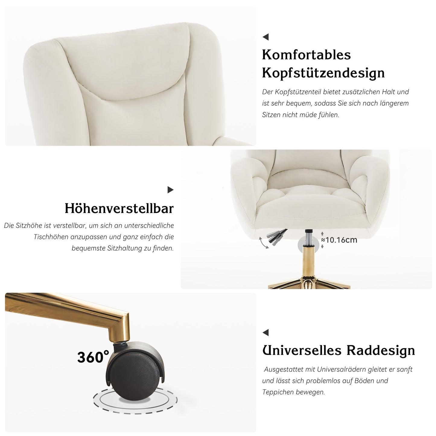Full KD Velvet Stoffmaterial Höhenverstellbarer Drehstuhl für das Home-Office im Innenbereich mit goldenen Beinen, Elfenbein