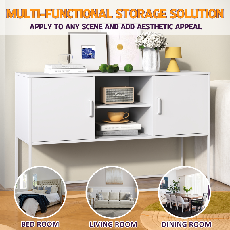 Weißer Metall-Akzent-Schrank, Sideboard-Buffet und Aufbewahrungs-Schrank-Safe, Robuster Metallbau mit stilvollem Weiß, H 75 cm × B 120 cm × T 40 cm