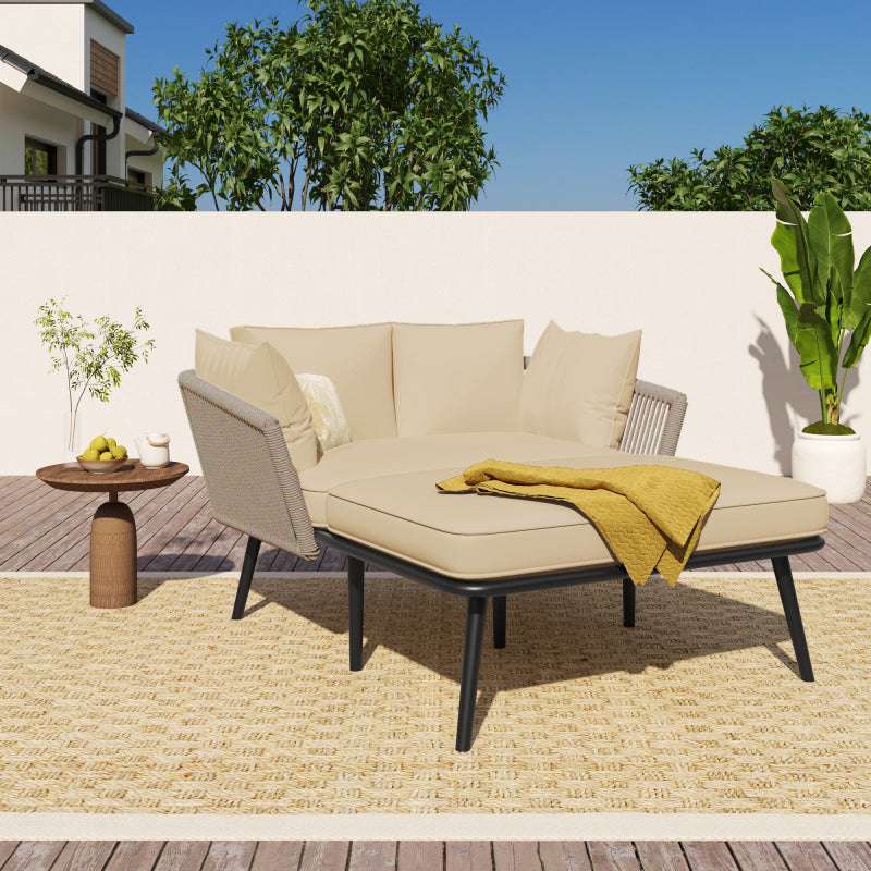Gartensofa mit 2 Kissen und 2 Polster, Sonnenliege im Außenbereich, Gartenlounge, Kissen sind abnehmbar und waschbar, Beige