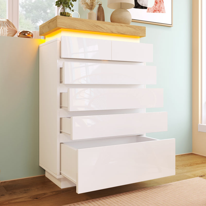Kommode, Hochglanz Sideboard mit 6 Schubladen, LED Beleuchtung (App Control), Mehrzweckschrank für Wohnzimmer und Schlafzimmer, 115 x 73 x 39 cm, Weiß