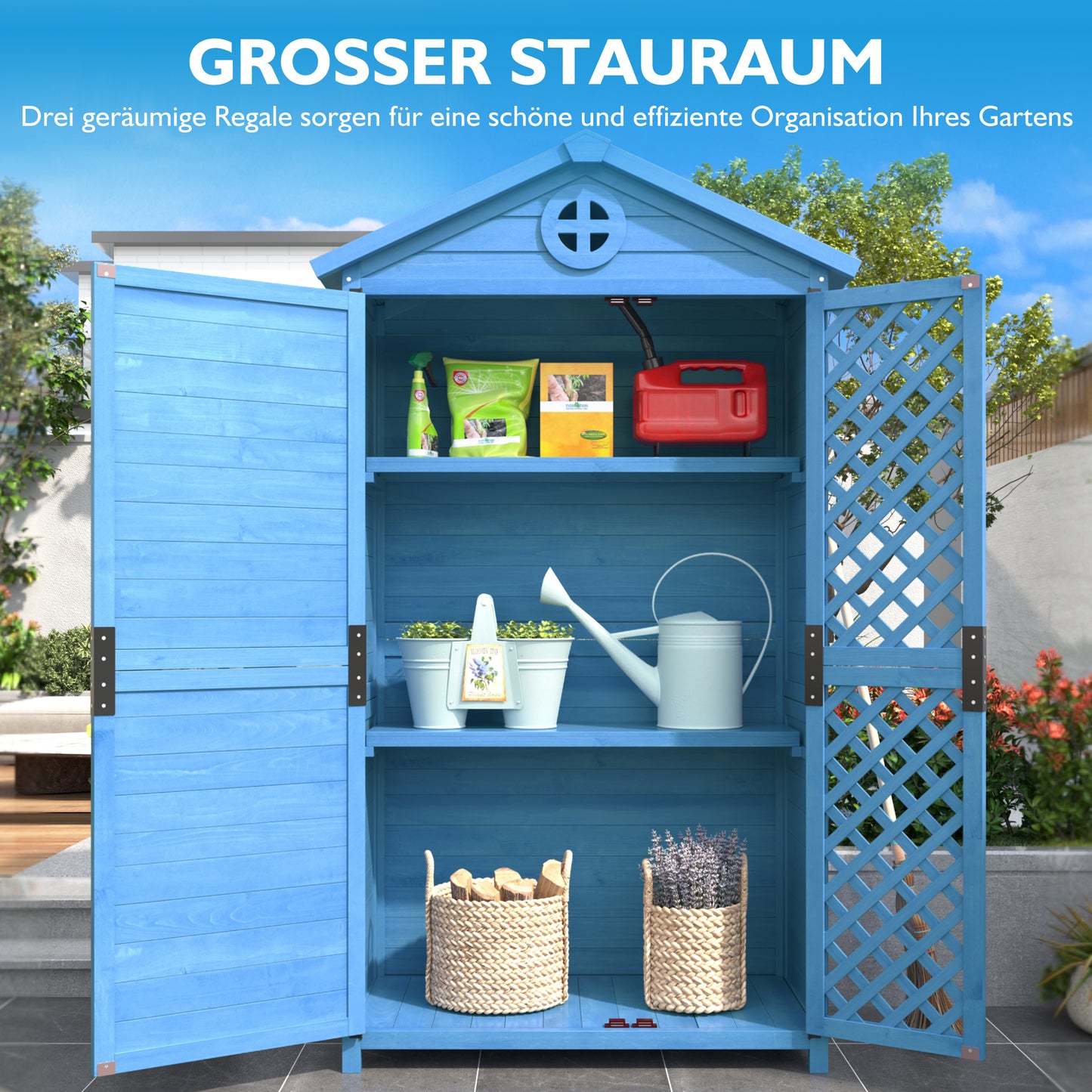 Outdoor Holz Gartenmöbel Aufbewahrungsschuppen, Werkzeughaus für Garten, Terrasse, verblassungsfrei, wetterfest, wartungsfrei, umweltfreundlich, sicher und geschützt, blau