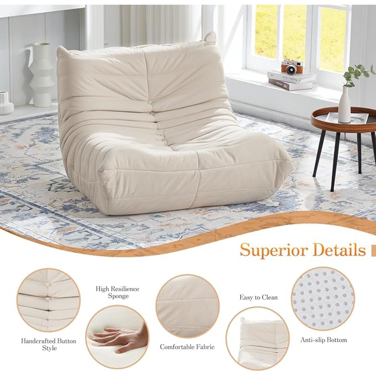 Ergonomischer Sitzsack Sessel aus Suede mit 5-Zonen-Körperstütze, Bean Bag Chair für Wohnzimmer & Schlafzimmer, Weiß