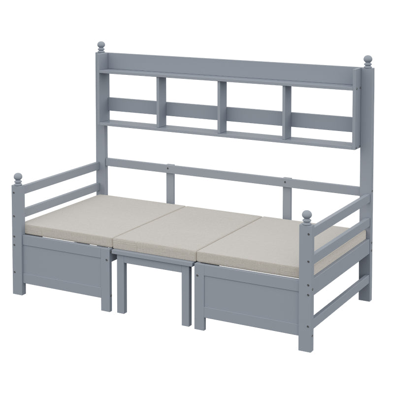 Multifunktionales Massivholz Schlafsofa 200x90 cm, 2-in-1 Bett und Schreibtisch, Frei Umbaubar, Mit Bücherregal Zur Aufbewahrung, Mit Bequemen Kissen, Gästebett Einzelholzbett, Grau