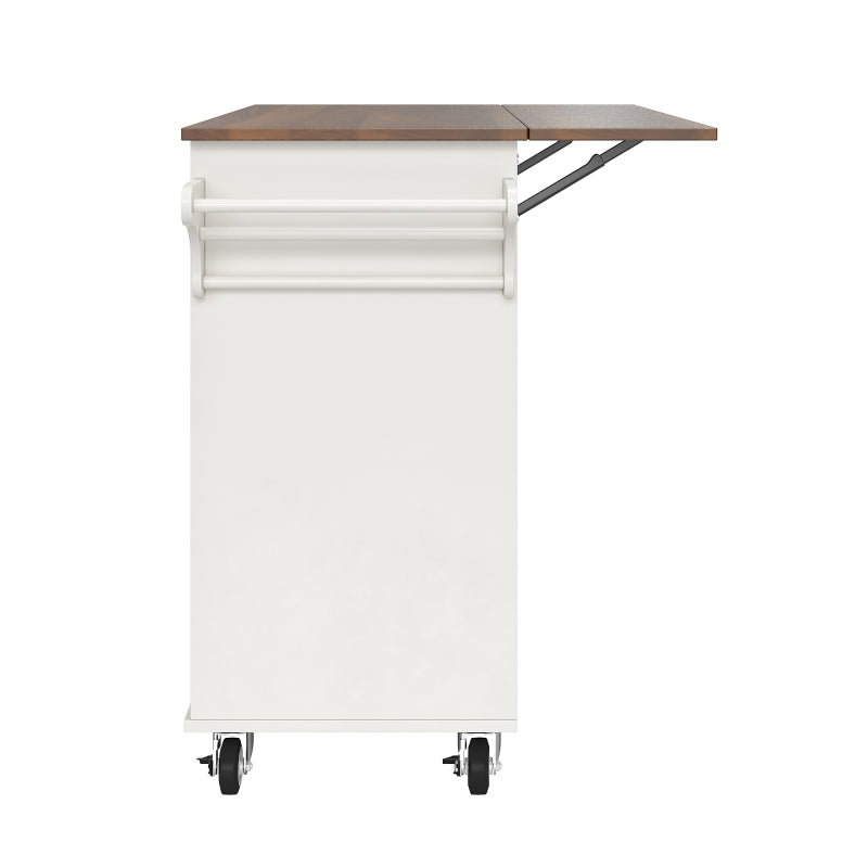 Küchenwagen mit diagonal gestreiften Schranktüren, herausnehmbarer Esswagen mit Handtuchhalter und Gewürzregal, verstellbare Trennwände, Küchenbuffet, Tischplatte mit Holzmaserung, weiß