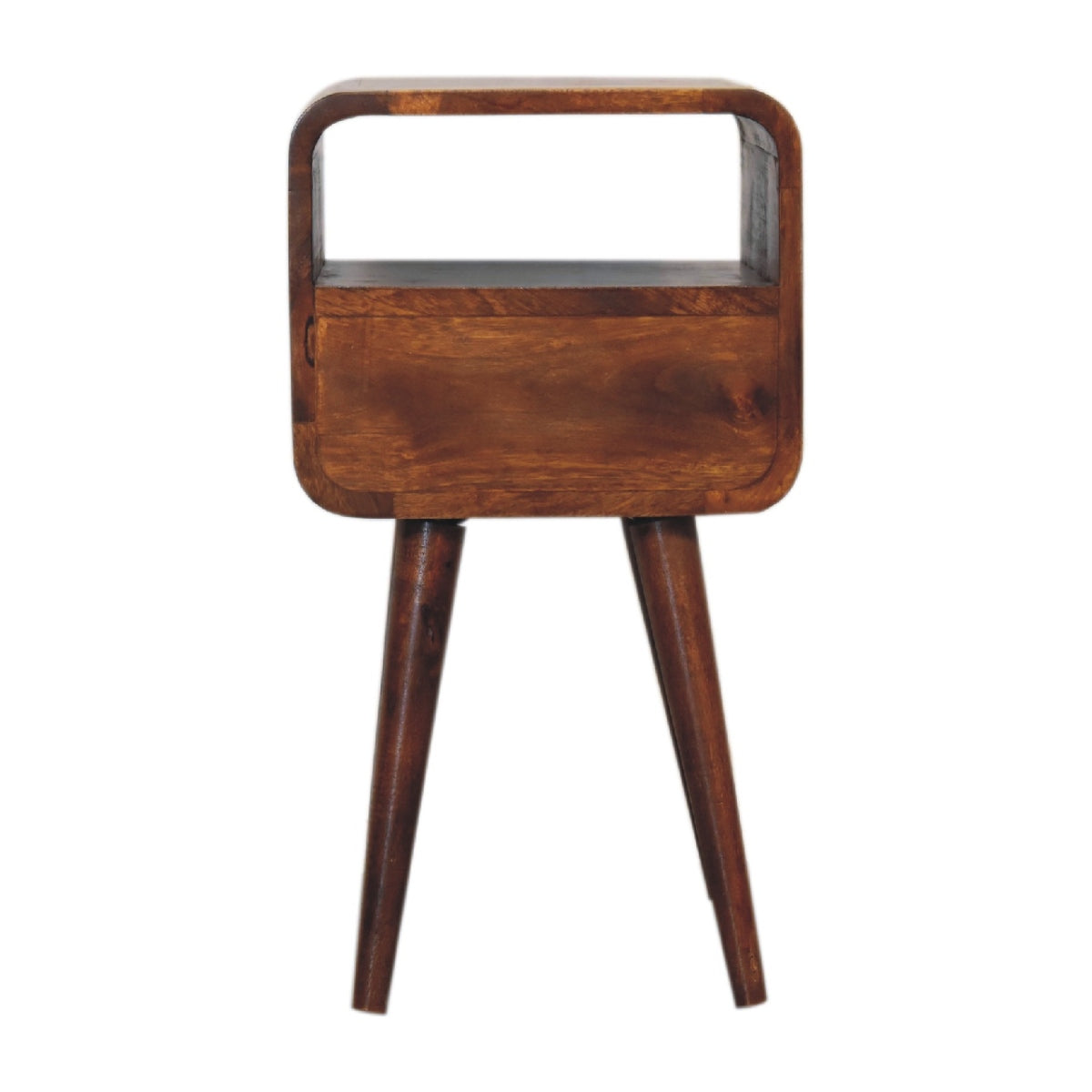 Mini Nachttisch aus Massivholz – Kastanienbraun, Curved Design, 1 Schublade & offenes Fach, Handgefertigt, Nordic-Stil, 30x30x55 cm