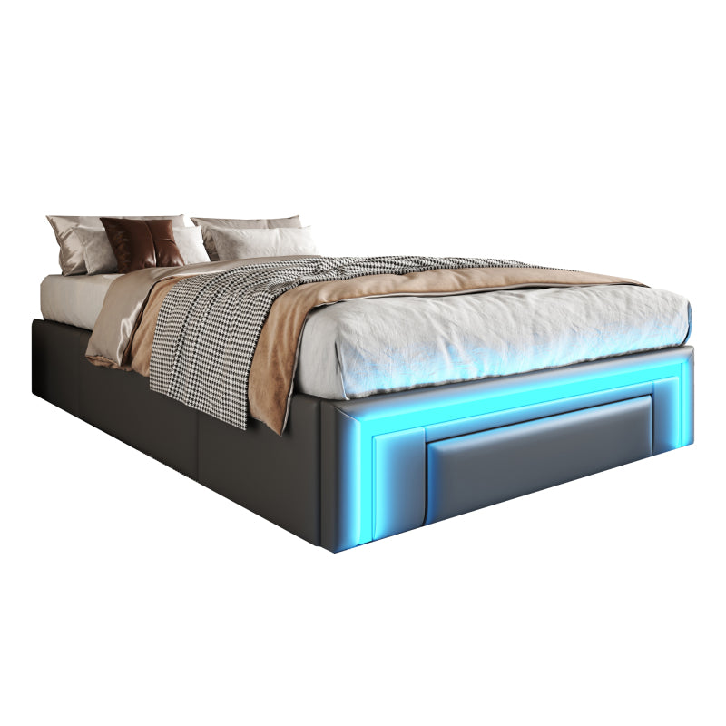 Bettgestell 90X200 mit Schubladen, PU-Leder Bett ohne Kopfteil Mit LED-Lichtleiste, MetalllattenPlattformbett für moderne Schlafzimmer Grau
