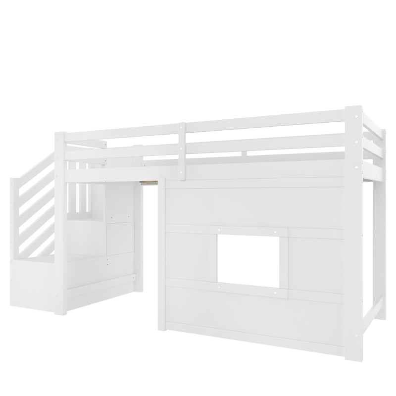 90x200 Hochbett mit Stauraumtreppe und Fenster, Weiß