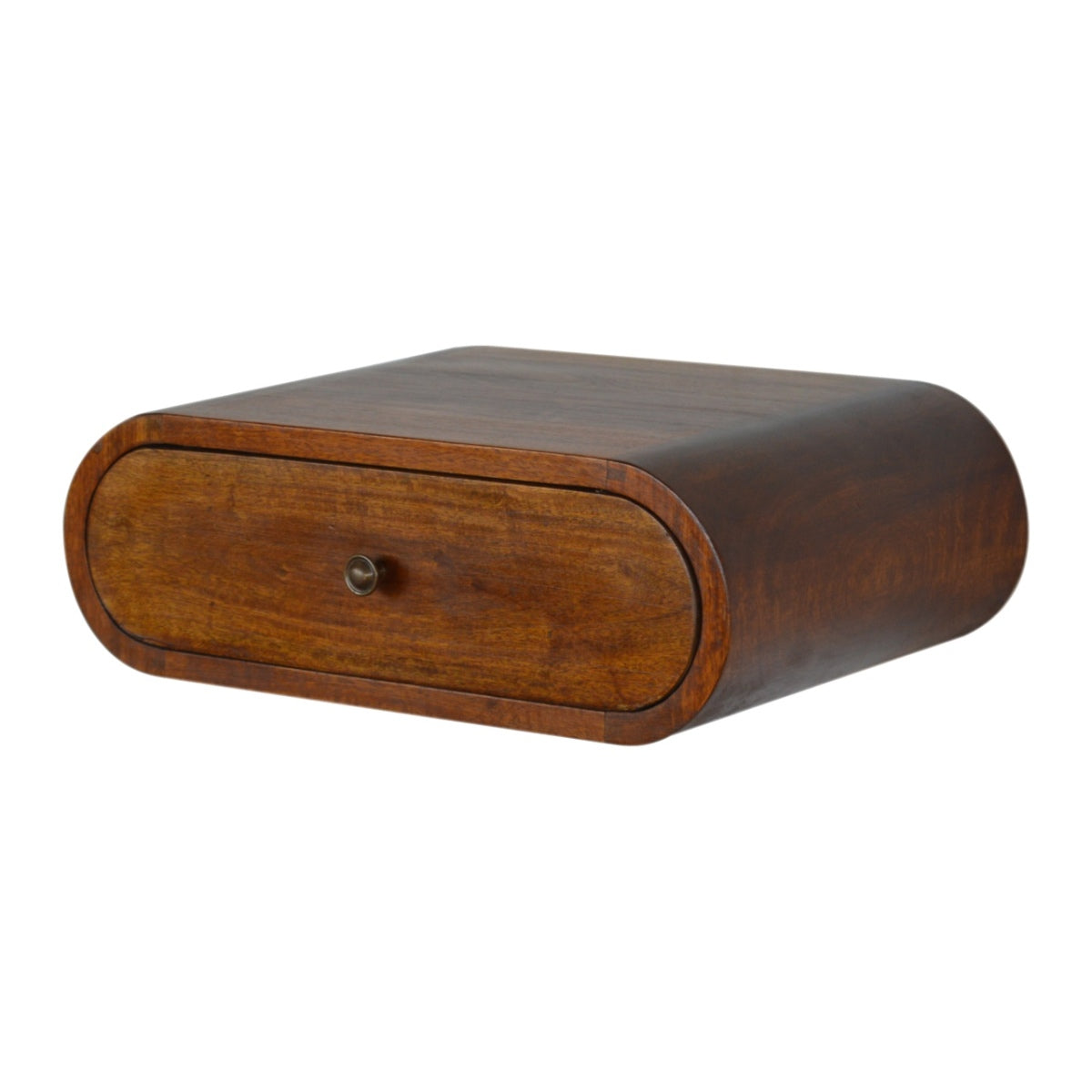 Schwebender Nachttisch aus Massivholz – Rund, Kastanienbraun, Wandmontage, 1 Schublade, Handgefertigt, 45x32x15 cm