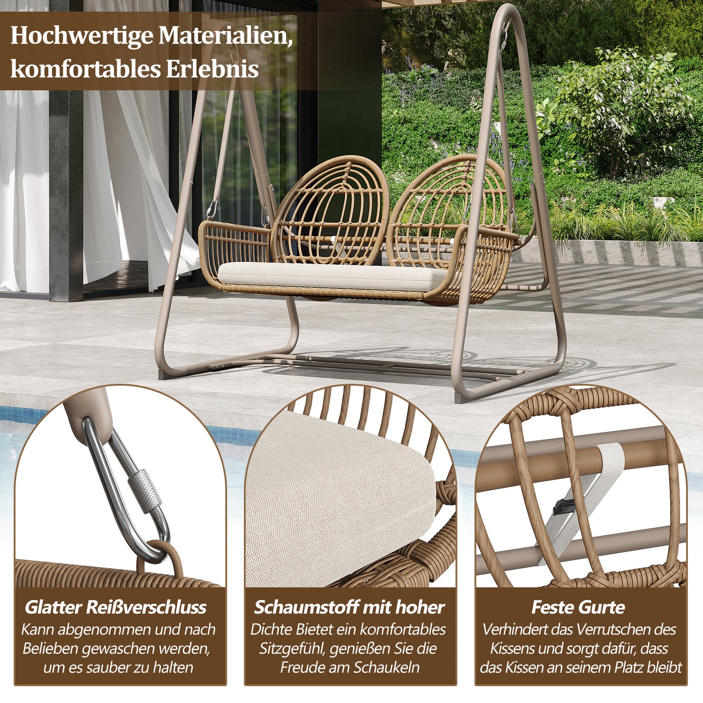 Gartenschaukel, Hollywoodschaukel mit Rückenlehne, Gartenmöbel-Set für den Außenbereich,Doppelschaukel aus PE-Rattan, 2 Sitze, Brauner Sitzrahmen und beiges Kissen