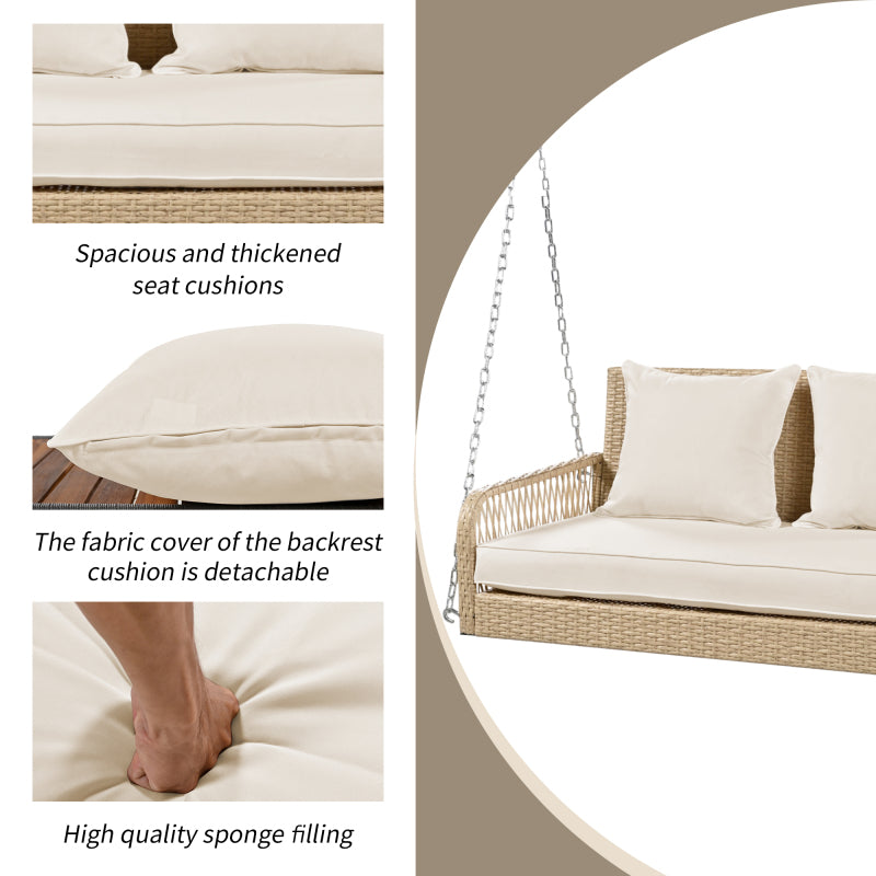 Hollywoodschaukel, Gartenschaukel, Gartenmöbel-Set für den Außenbereich, Beiges Rattan, beiges Sitzkissen, 2 Sitze, mit Sitzkissen und Rückenkissen, abnehmbar und waschbar