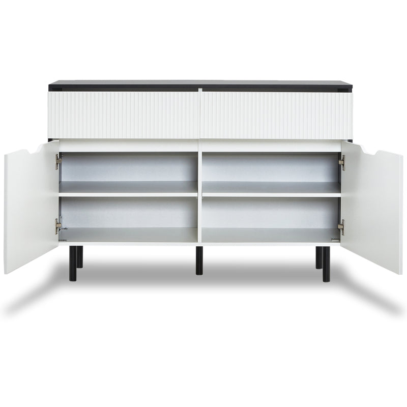 Aufbewahrungsschrank 120cm mit geriffelten Schubladen, schwarz-weißes Design, verstellbare Einlegeböden, 2 Türen, Sideboard-Buffet, Schrank-Organisator für Küche, Wohnzimmer, Esszimmer